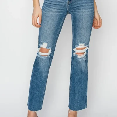 High Rise Distressed Ankle Jeans - Medium