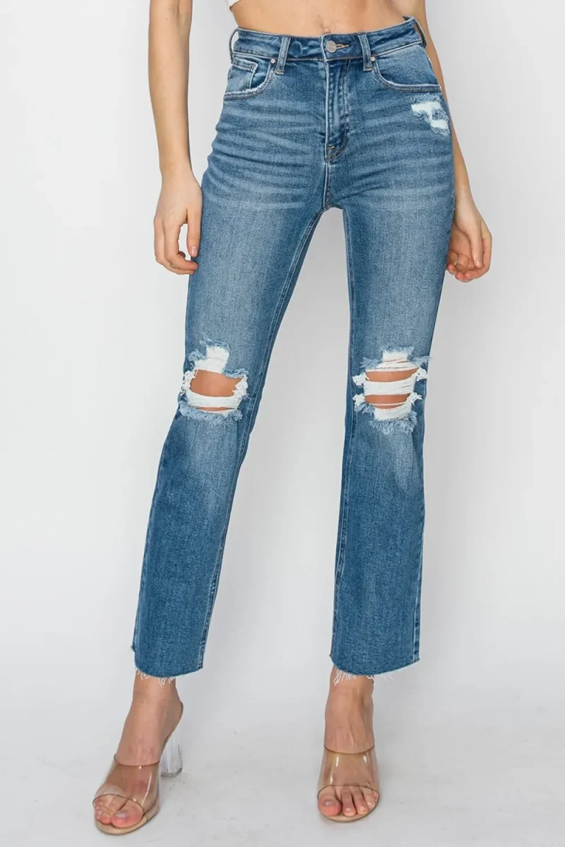 High Rise Distressed Ankle Jeans - Medium