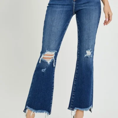 High Rise Distressed Crop Flare Jeans - Dark