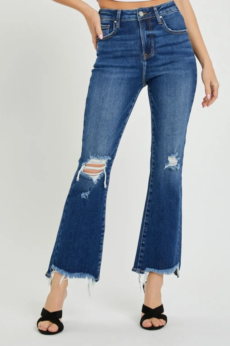 High Rise Distressed Crop Flare Jeans - Dark