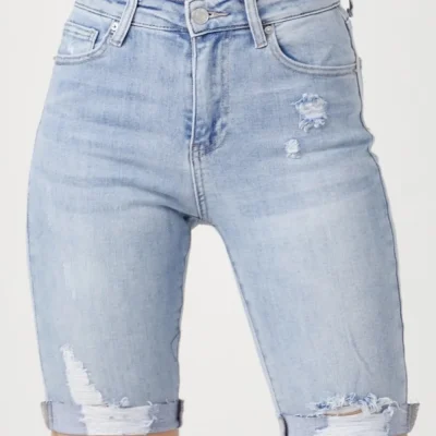 High Rise Distressed Denim Bermuda Shorts - Light