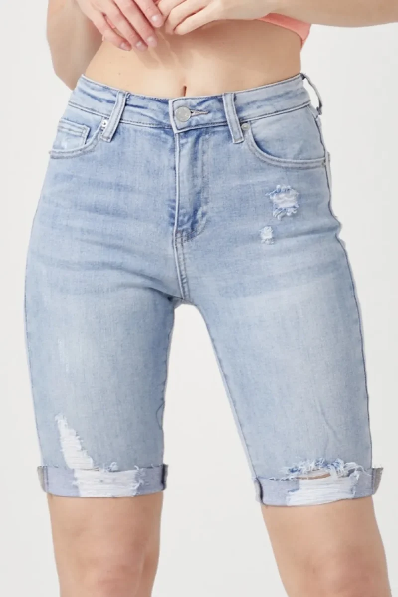 High Rise Distressed Denim Bermuda Shorts - Light