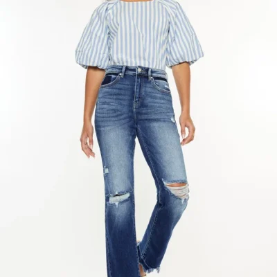 High Rise Distressed Slim Straight Jeans - Dark