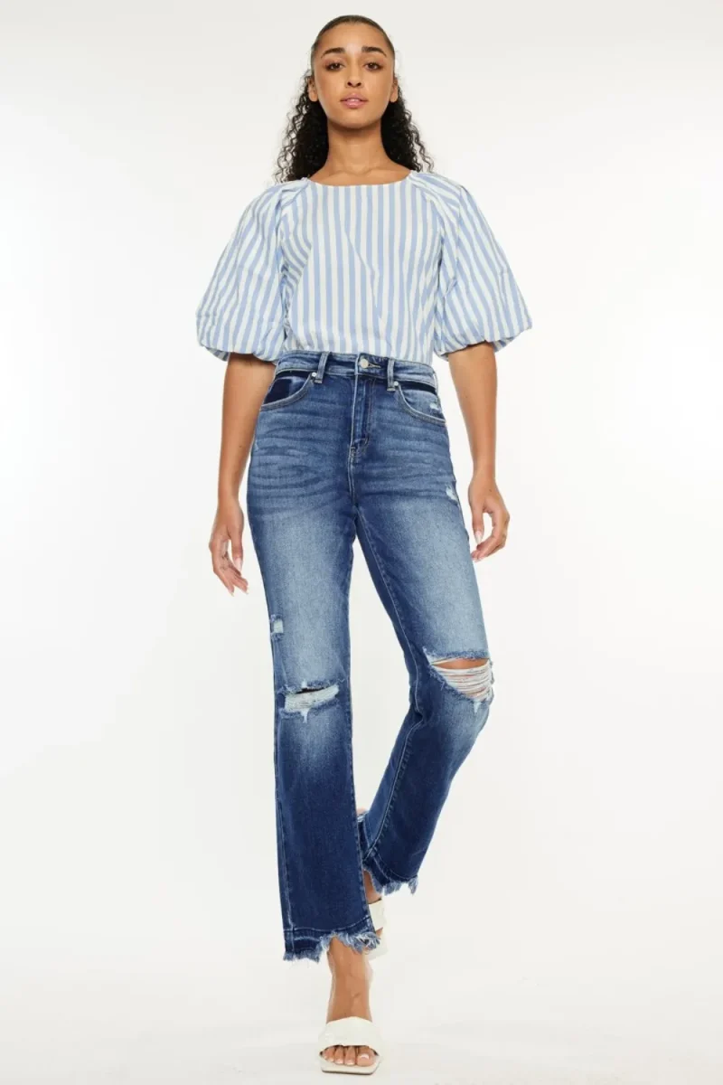 High Rise Distressed Slim Straight Jeans - Dark