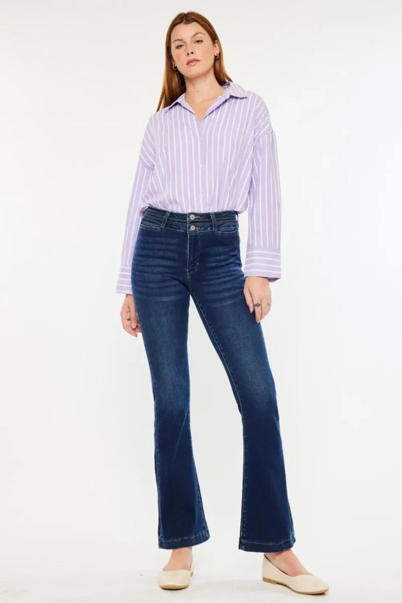 High Rise Double Waistband Flare Jeans - Dark