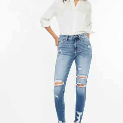 High Rise Frayed Ankle Skinny Jeans - Medium