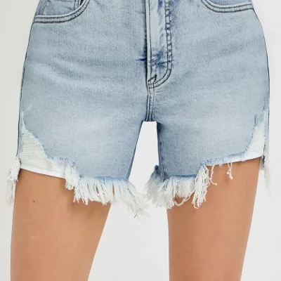High Rise Side Step Hem Denim Shorts - Light