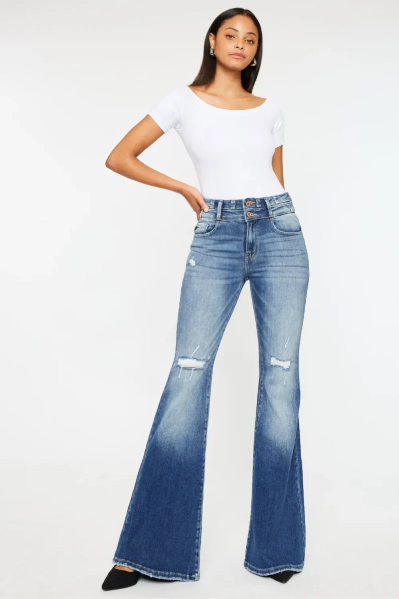 High Rise Wide Waistband Flare Jeans - Dark
