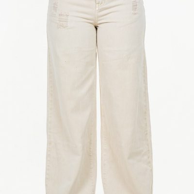 High Waist Distressed Wide Leg Jeans - Beige