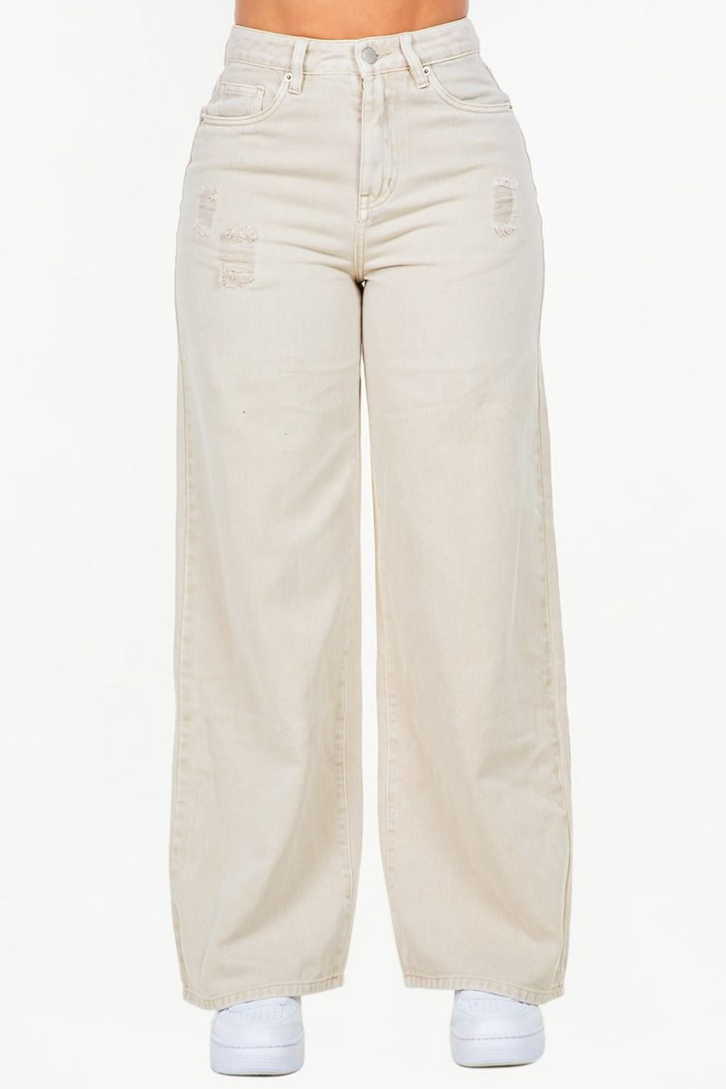 High Waist Distressed Wide Leg Jeans - Beige
