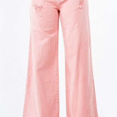 High Waist Distressed Wide Leg Jeans - Blush Pink