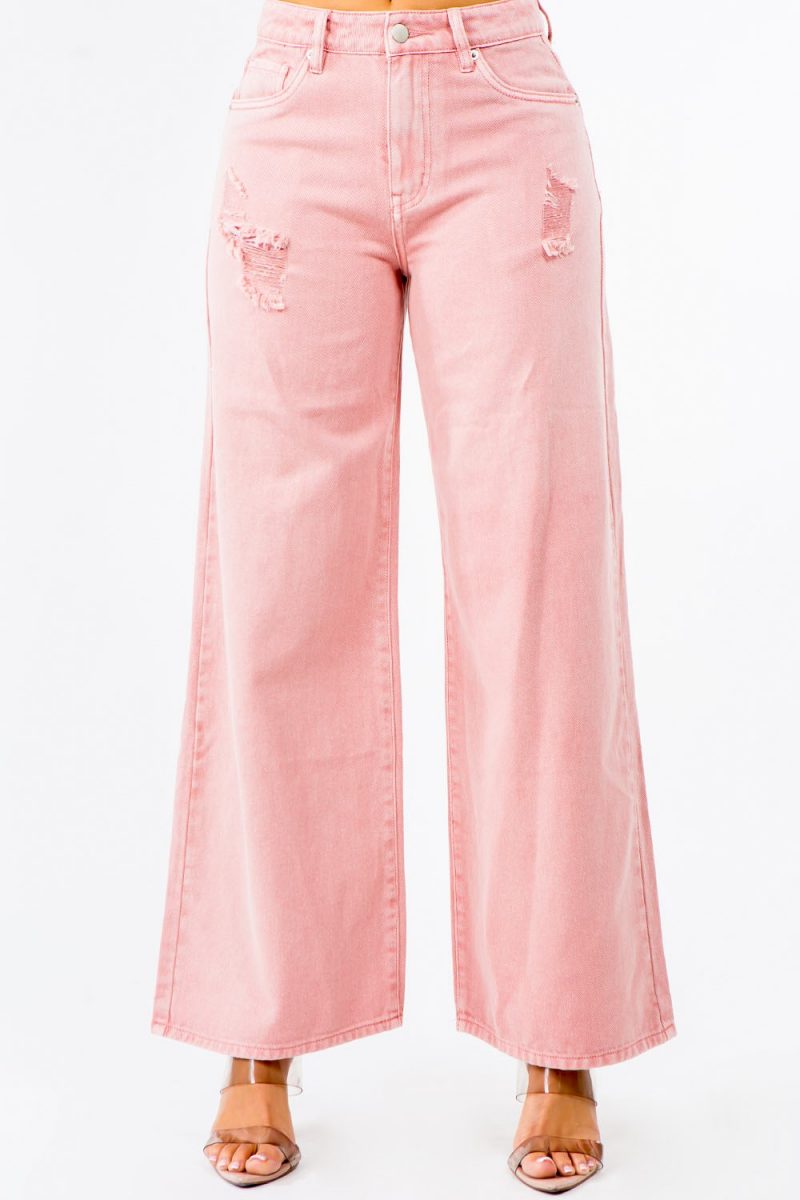 High Waist Distressed Wide Leg Jeans - Blush Pink