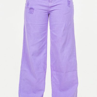 High Waist Distressed Wide Leg Jeans - Lavender