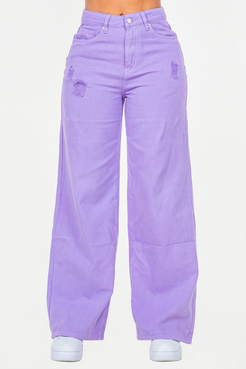 High Waist Distressed Wide Leg Jeans - Lavender