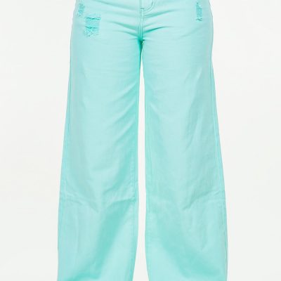 High Waist Distressed Wide Leg Jeans - Mint Blue