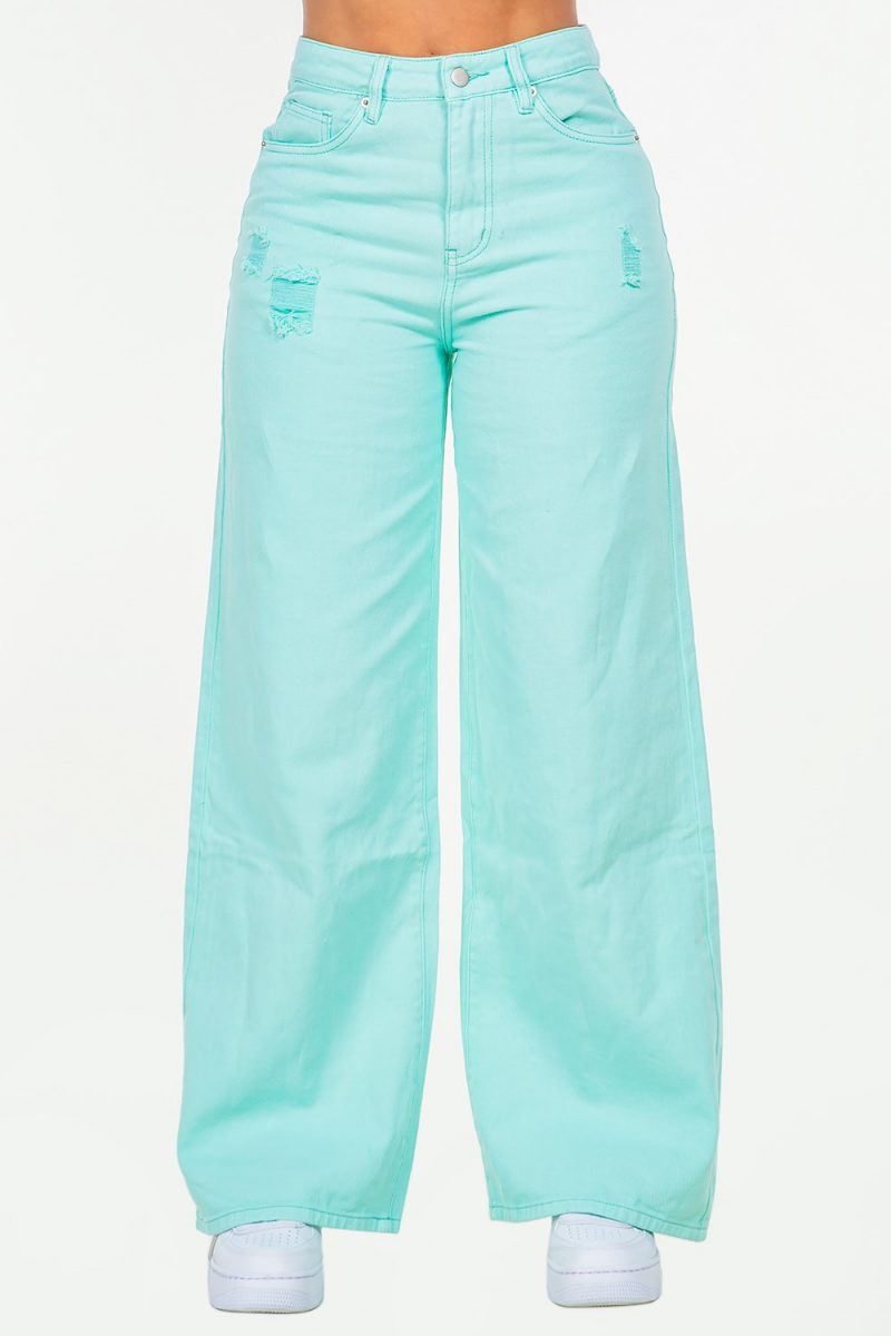 High Waist Distressed Wide Leg Jeans - Mint Blue