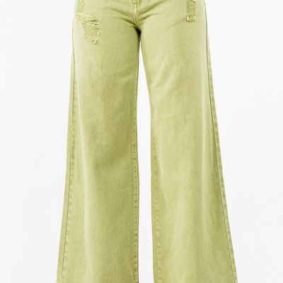 High Waist Distressed Wide Leg Jeans - Yellow-Green