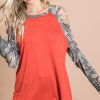 Jersey Knit Top with Camouflage Laser Cut Sleeves - Rust
