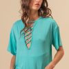 Jersey Knit Top with Criss Cross Front Neck Detail - Mint