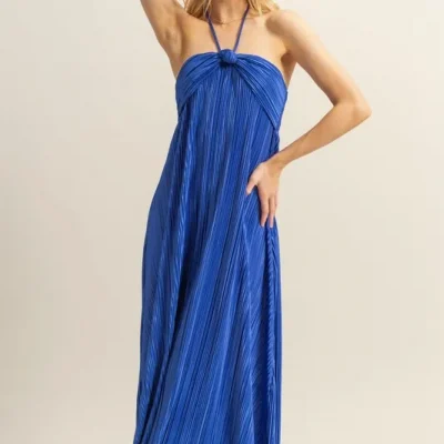 Knotted Detail Halter Neck Flowy Maxi Dress - Royal Blue