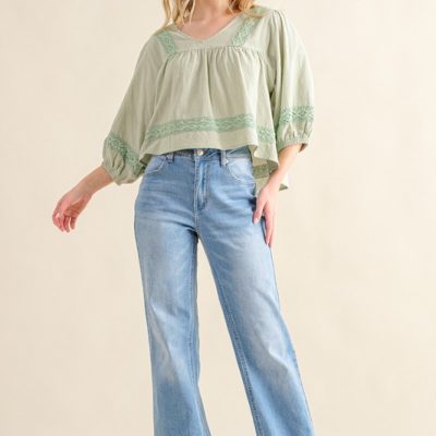 Lace Detailed V Neck Blouse Top - Sage