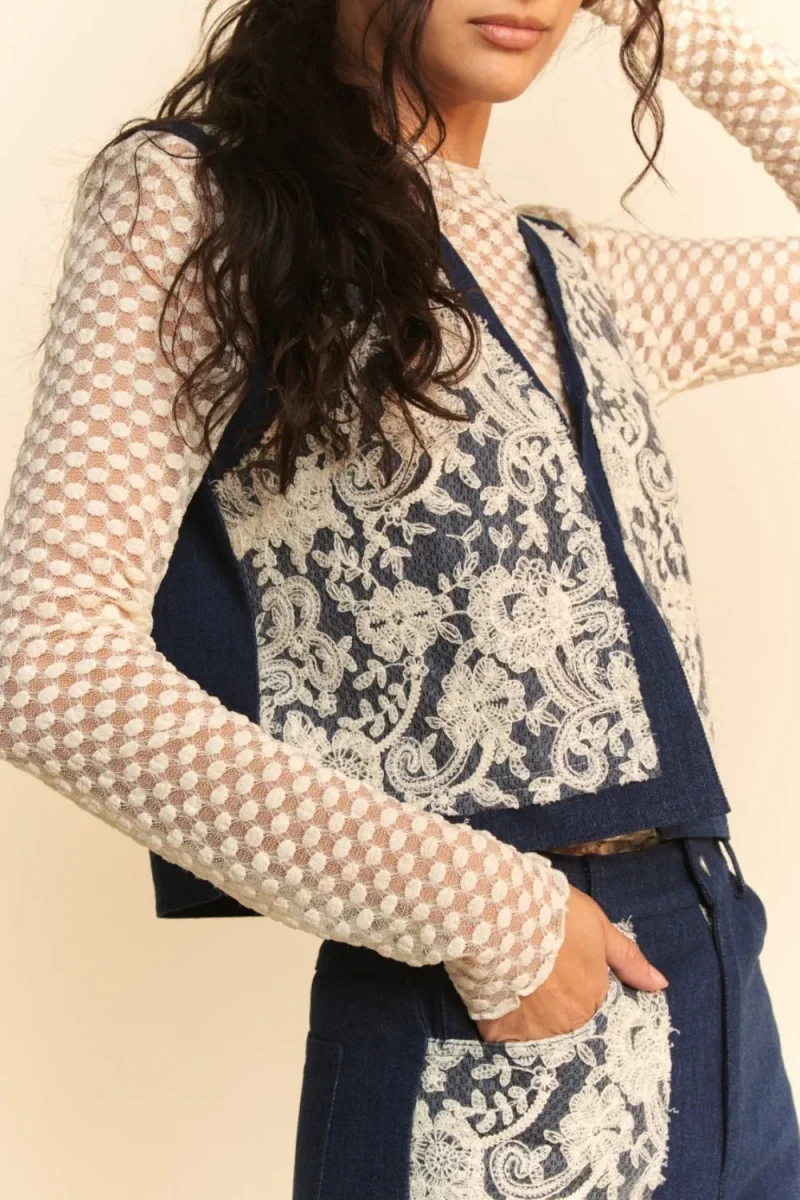 Lace Patch Open Front Denim Vest - Dark