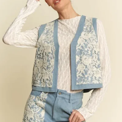 Lace Patch Open Front Denim Vest - Light