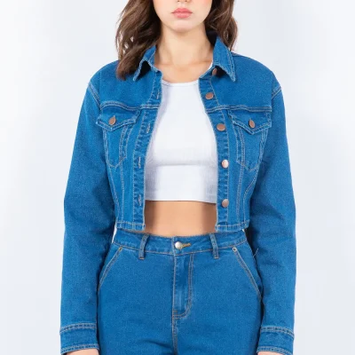 Laced Back Cropped Denim Jacket - Blue