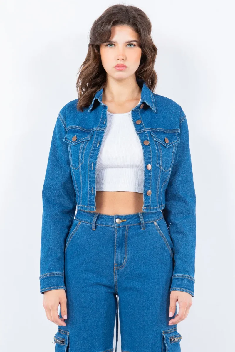 Laced Back Cropped Denim Jacket - Blue