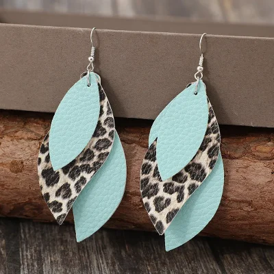 Leopard PU Leather Leaf Earrings - Tiffany Blue
