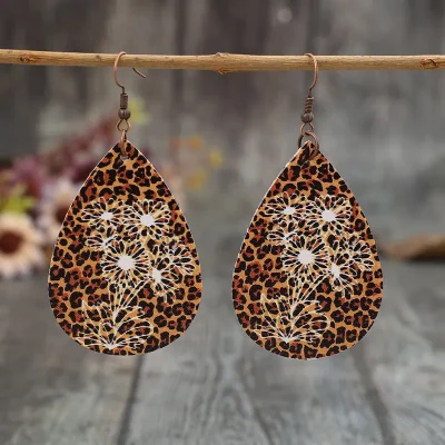 Leopard PU Leather Teardrop Shape Earrings - Brown