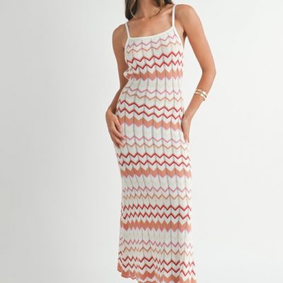 Lightweight Pointelle Chevron Knit Maxi Dress - Salmon