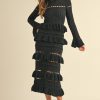 Long Sleeve Tiered Ruffle Knit Midi Dress - Black