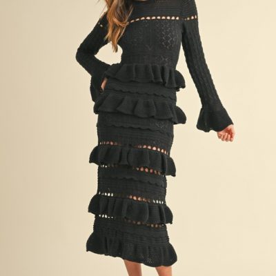 Long Sleeve Tiered Ruffle Knit Midi Dress - Black