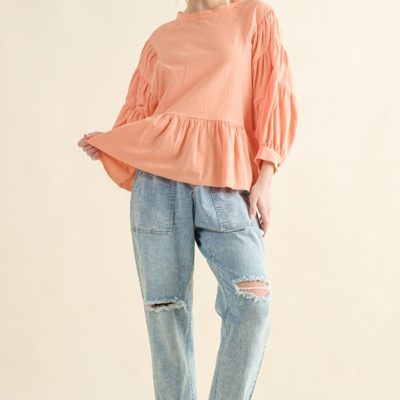 Loose Fit Tiered Raw Edge Hem Blouse - Papaya