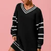 Loose V Neck Sweater Dress with Striped Sleeves - Black