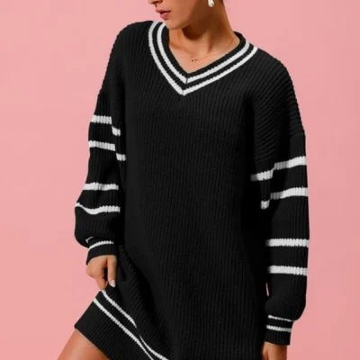 Loose V Neck Sweater Dress with Striped Sleeves - Black
