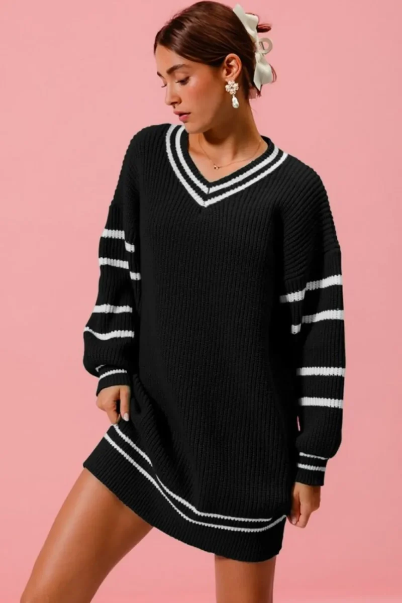 Loose V Neck Sweater Dress with Striped Sleeves - Black