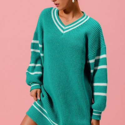 Loose V Neck Sweater Dress with Striped Sleeves - Jade