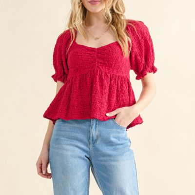 Lovely Textured and Smocked Top - Red