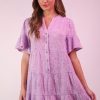 Mineral Washed Baby Bell Sleeve Woven Mini Dress - Lavender
