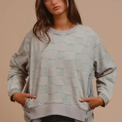 Mineral Washed Checkered Round Neck Denim Top - Denim