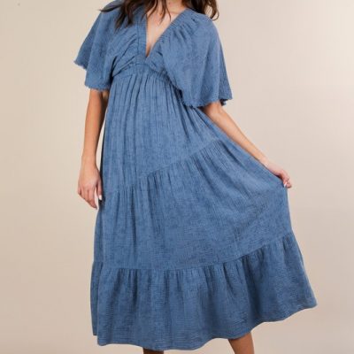 Mineral Washed Elastic Neck Detail Midi Dress - Denim