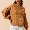 Mineral Washed Loose Fit Textured Cable Sweater - Vintage Camel