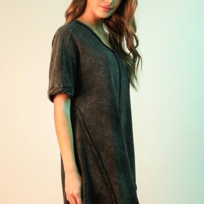 Mineral Washed Ribbed Knit Mini Dress - Black