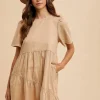 Mineral Washed Round Neck Short Sleeve Denim Dress - Tan