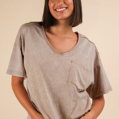 Mineral Washed V-Neck T-Shirt - Taupe