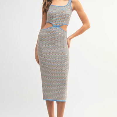 Multi Color Chevron Knit Bodycon Midi Dress - Aqua