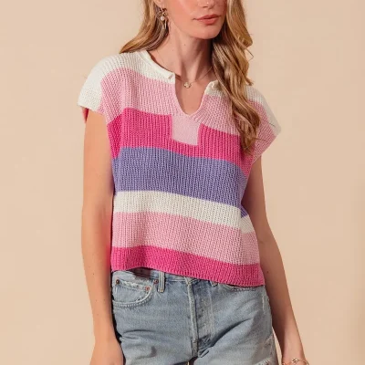 Multi Color Stripe Loose Fit Cap Sleeve Sweater Top - Blush/Pink/Lilac