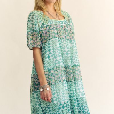 Multi Floral Square Neck Puff Sleeve Maxi Dress - Aqua Green